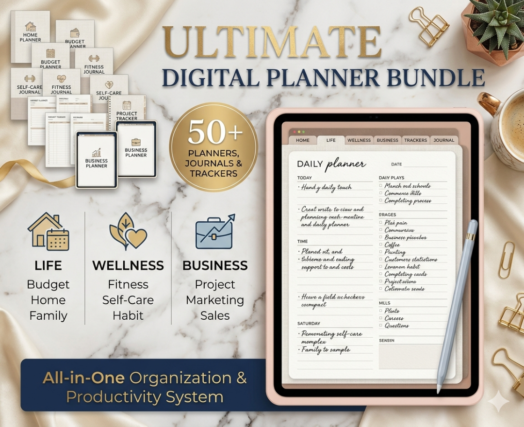 Ultimate Digital Planner Bundle | 250+ Life, Wellness & Business Planners, Journals & Trackers