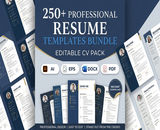 250+ Professional Resume Templates Bundle | Editable CV Pack (AI, EPS, DOCX, PDF Formats)