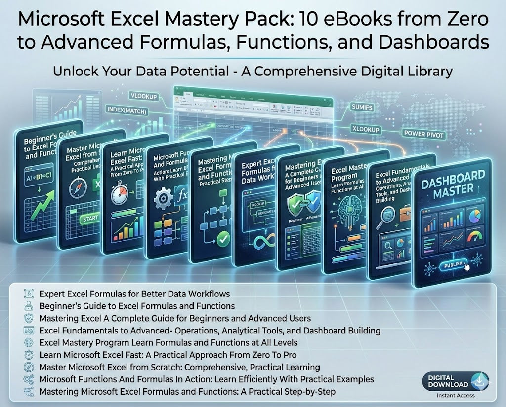 Microsoft Excel Mastery Pack: 10 eBooks from Zero to Advanced Formulas, Functions, and Dashboards